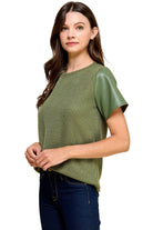 Women's Knit Solid Top with Short Faux Leather Sleeves 
