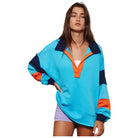 Women's French Terry Color-block Collared Loose Fit Top T2004E - Crazy House Western Wear