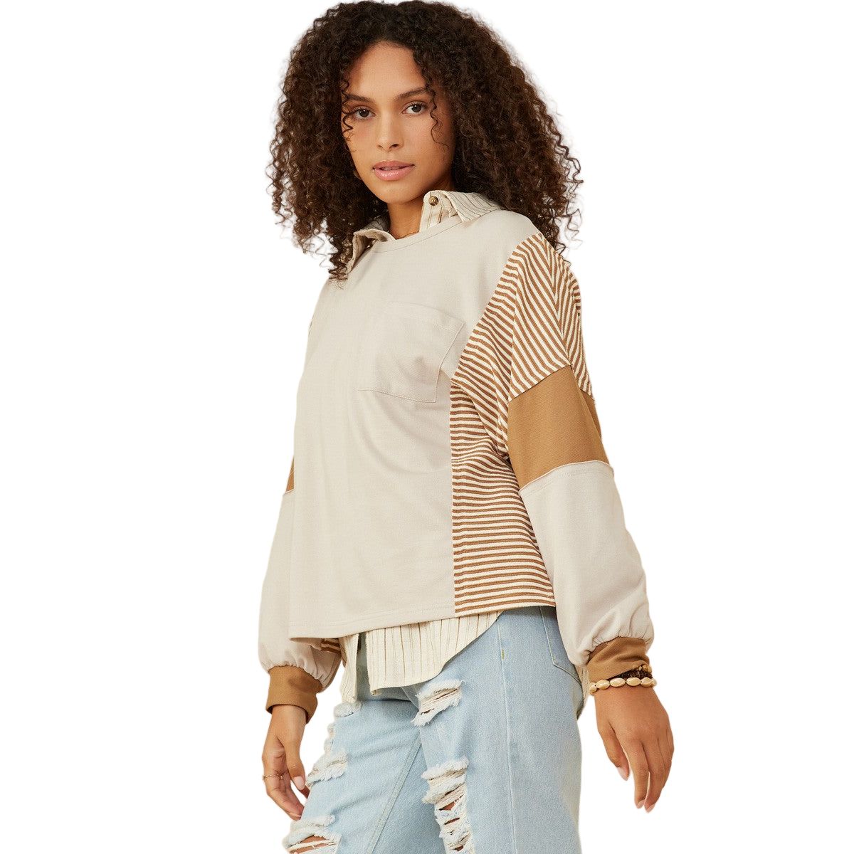 Women's Stripe and Color Block Sleeve Knit Top 