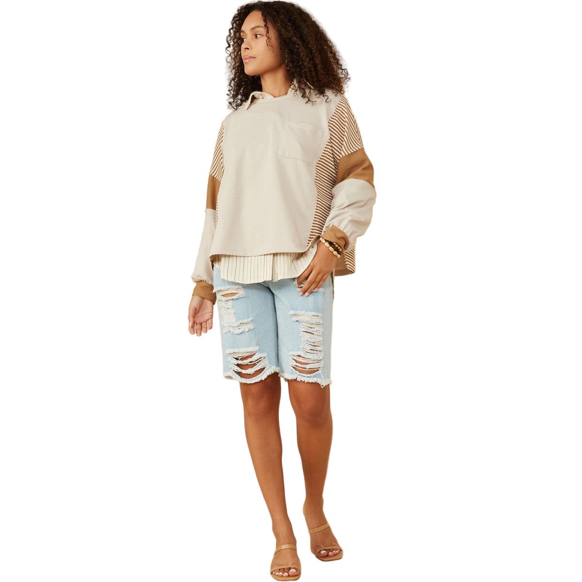Women's Stripe and Color Block Sleeve Knit Top 