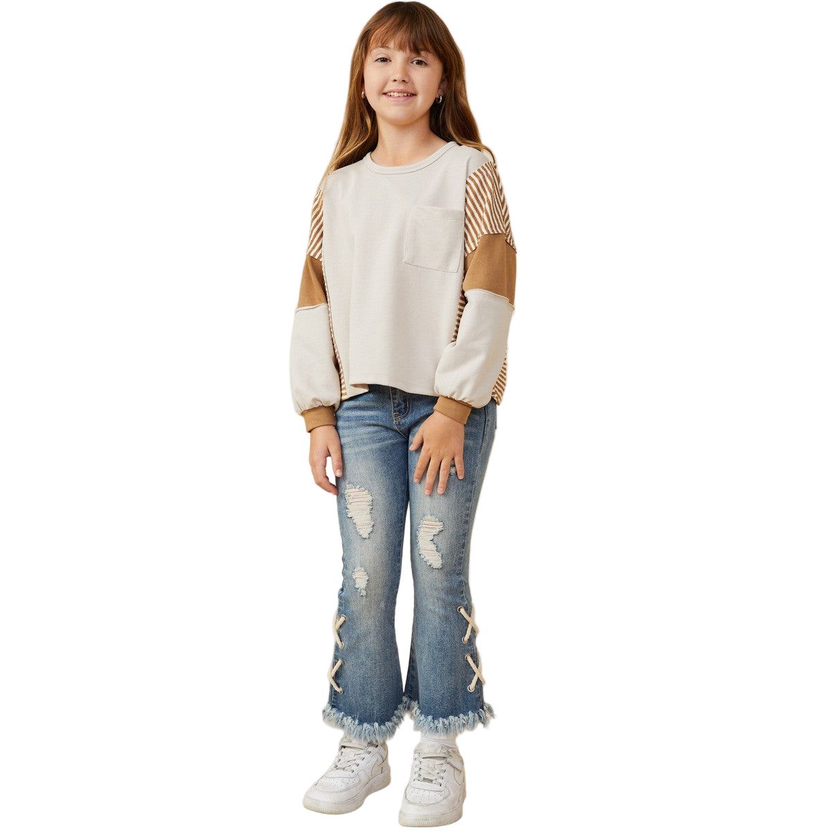 Girls Stripe And Color Block Sleeve Detail Knit