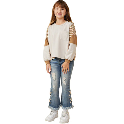 Girls Stripe And Color Block Sleeve Detail Knit