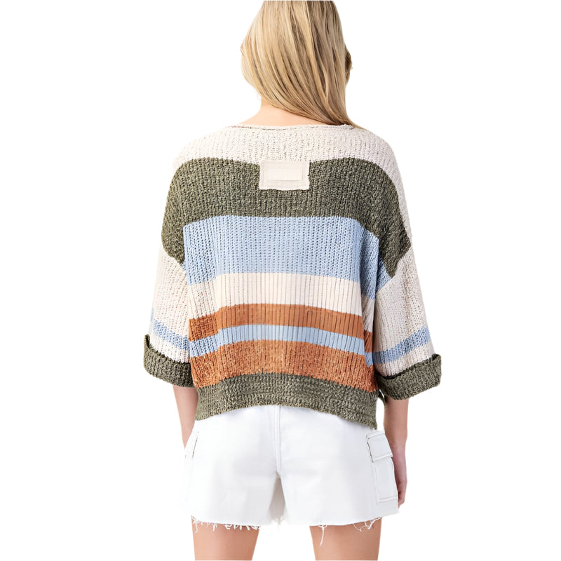 Women's ee:some Striped Notch Collar 3/4 Sleeve Sweater SG10802 - Crazy House Western Wear