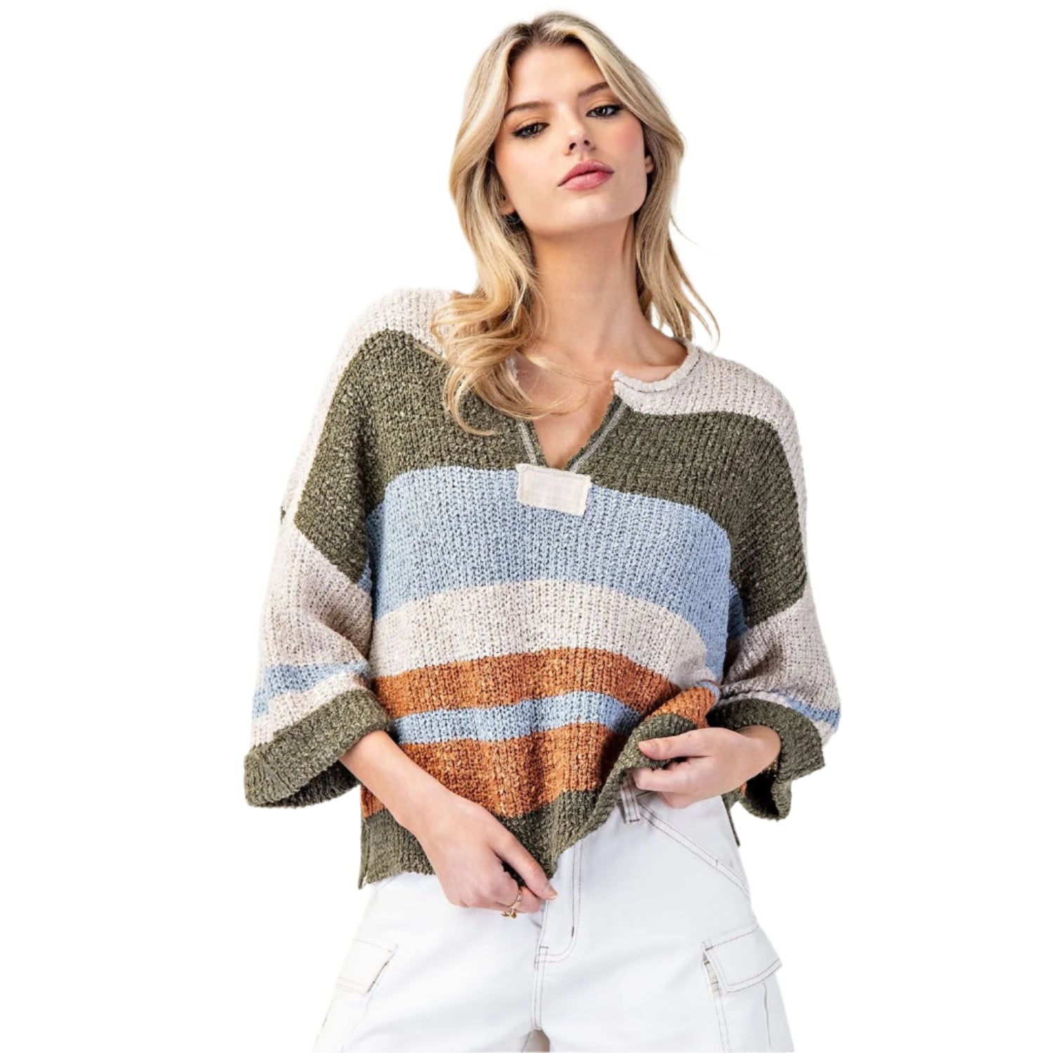 Women's ee:some Striped Notch Collar 3/4 Sleeve Sweater SG10802 - Crazy House Western Wear