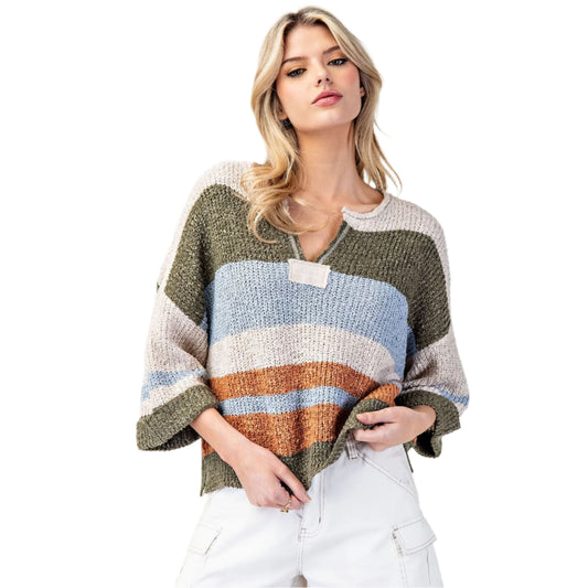 Women's ee:some Striped Notch Collar 3/4 Sleeve Sweater SG10802 - Crazy House Western Wear