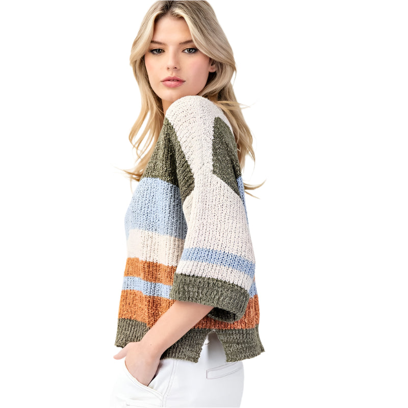 Women's ee:some Striped Notch Collar 3/4 Sleeve Sweater SG10802 - Crazy House Western Wear