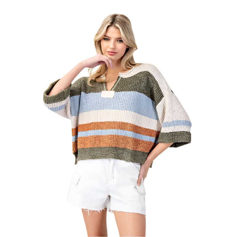 Women's ee:some Striped Notch Collar 3/4 Sleeve Sweater SG10802 - Crazy House Western Wear