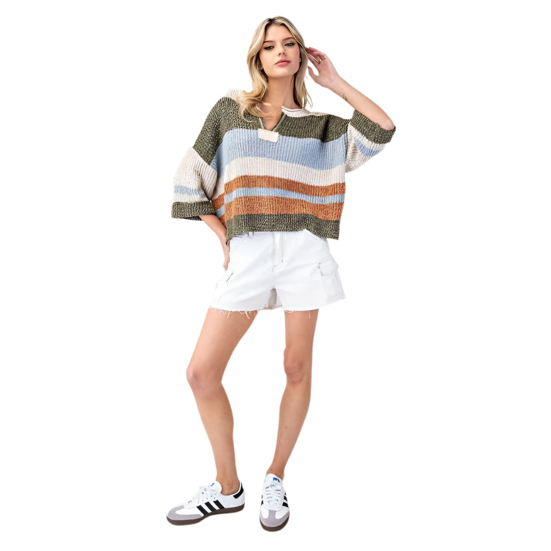 Women's ee:some Striped Notch Collar 3/4 Sleeve Sweater SG10802 - Crazy House Western Wear