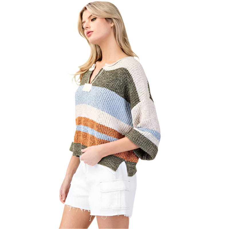 Women's ee:some Striped Notch Collar 3/4 Sleeve Sweater SG10802 - Crazy House Western Wear