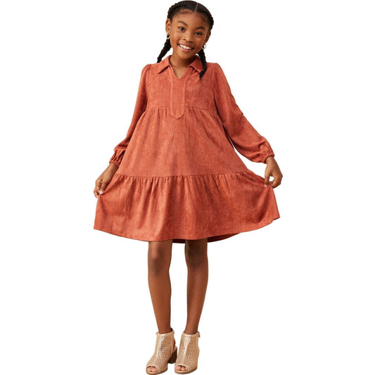 Girls Open Collar Vegan Suede Swing Dress GY8893