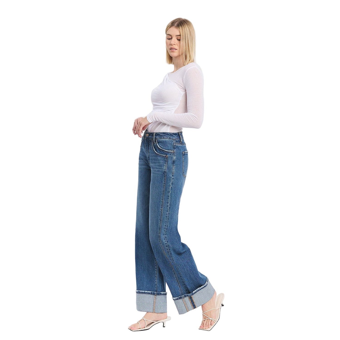 Women's Vervet High Rise Cuffed Panel Baggy Wide Jeans T6645
