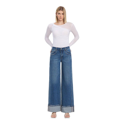 Women's Vervet High Rise Cuffed Panel Baggy Wide Jeans T6645