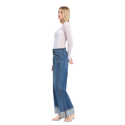 Women's Vervet High Rise Cuffed Panel Baggy Wide Jeans T6645