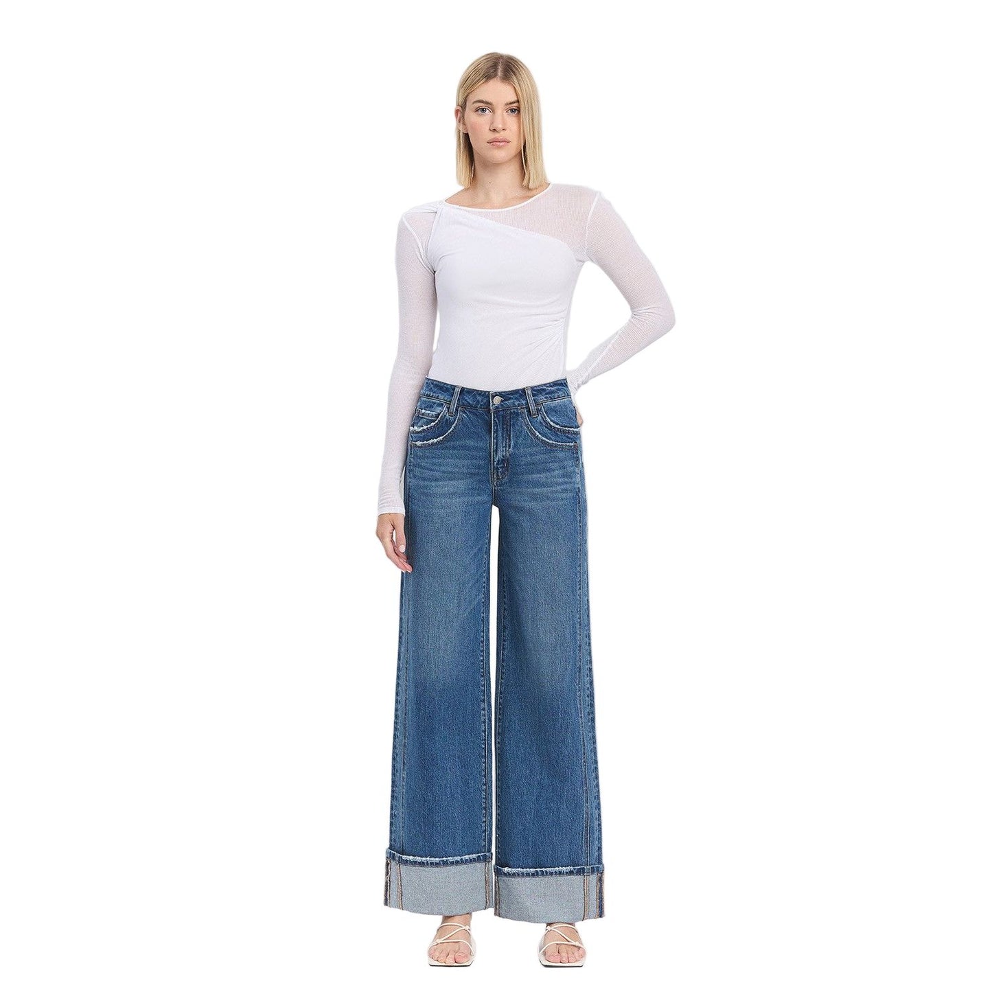 Women's Vervet High Rise Cuffed Panel Baggy Wide Jeans T6645