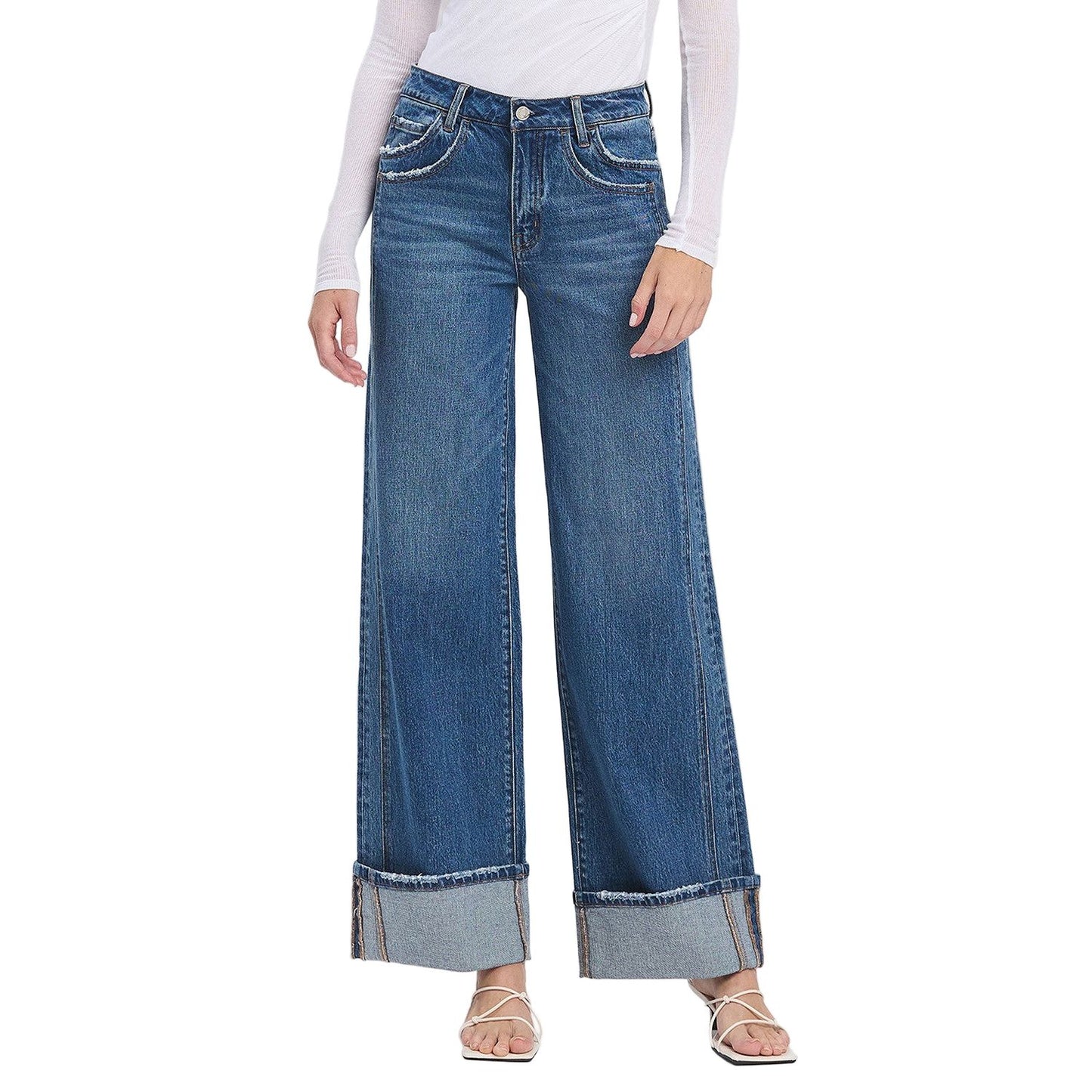 Women's Vervet High Rise Cuffed Panel Baggy Wide Jeans T6645
