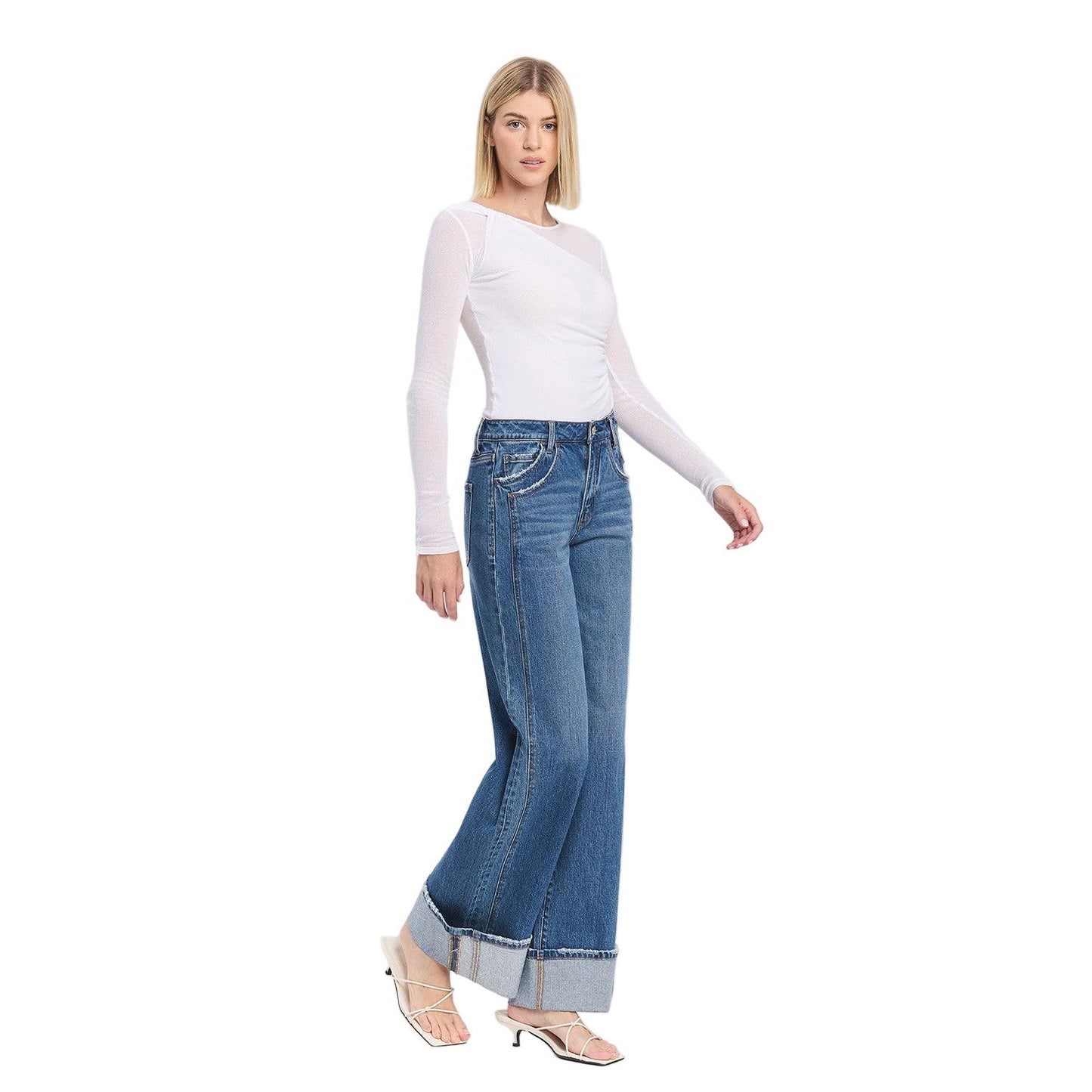 Women's Vervet High Rise Cuffed Panel Baggy Wide Jeans T6645