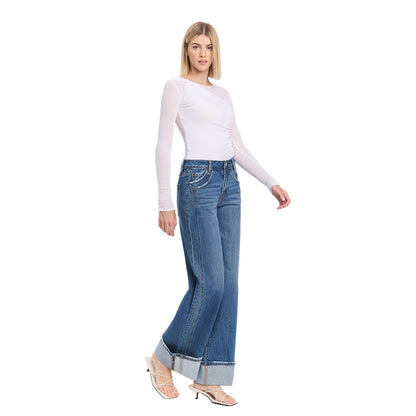 Women's Vervet High Rise Cuffed Panel Baggy Wide Jeans T6645