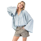 Women's ee:some Mineral Washed Bell Sleeve Denim Top TH12019 - Crazy House Western Wear