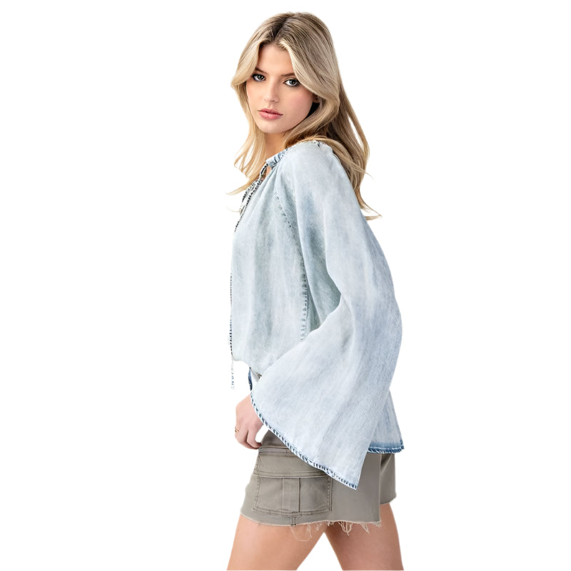 Women's ee:some Mineral Washed Bell Sleeve Denim Top TH12019 - Crazy House Western Wear