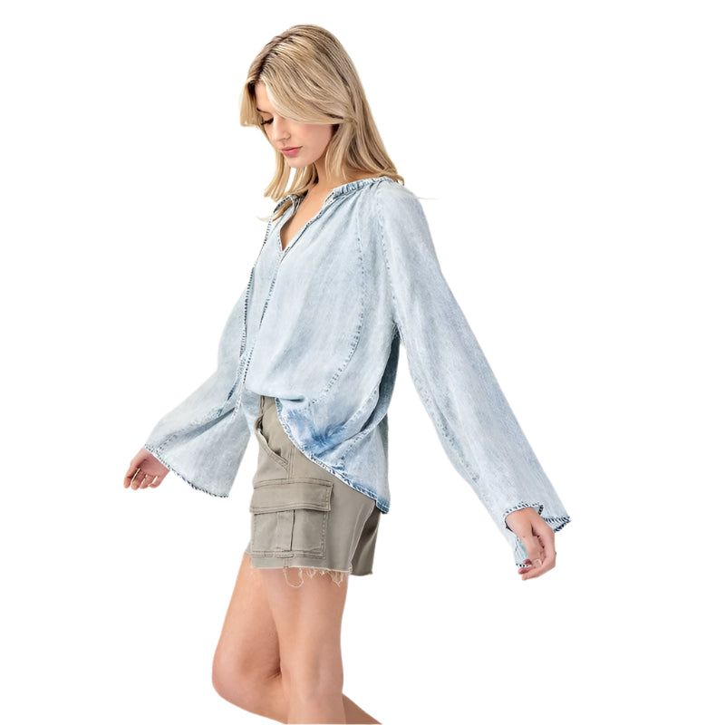 Women's ee:some Mineral Washed Bell Sleeve Denim Top TH12019 - Crazy House Western Wear