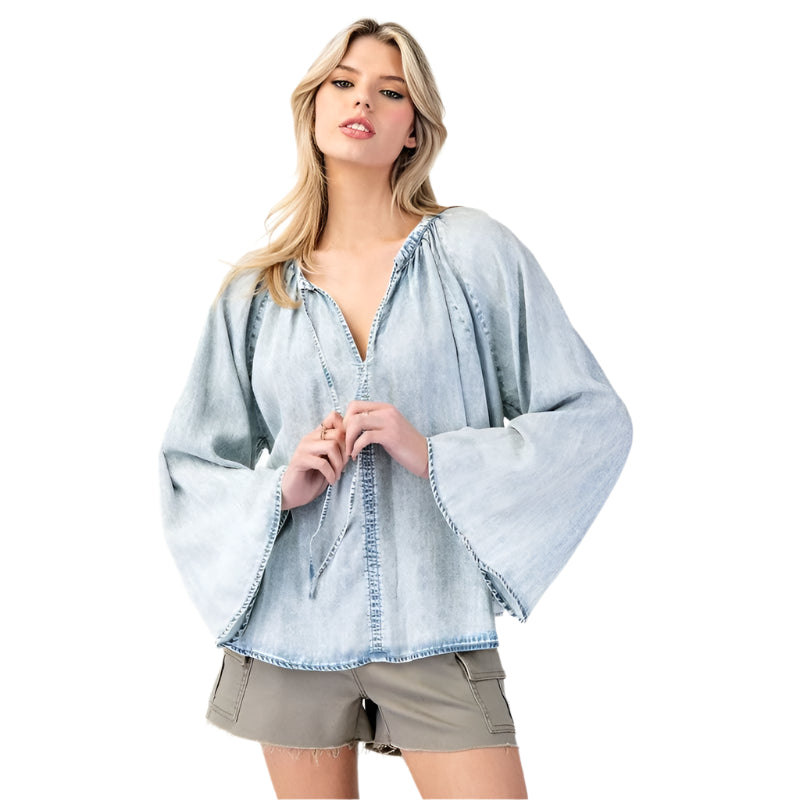 Women's ee:some Mineral Washed Bell Sleeve Denim Top TH12019 - Crazy House Western Wear