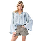 Women's ee:some Mineral Washed Bell Sleeve Denim Top TH12019 - Crazy House Western Wear