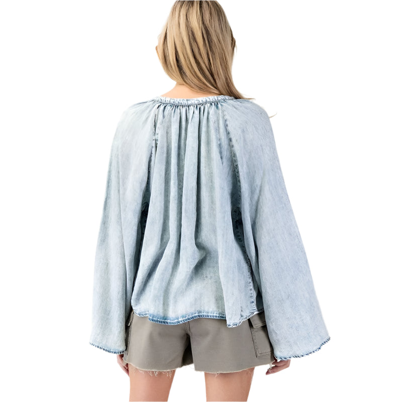 Women's ee:some Mineral Washed Bell Sleeve Denim Top TH12019 - Crazy House Western Wear