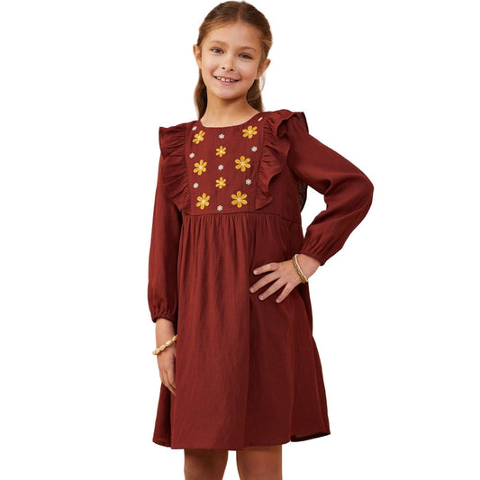 Girl's Ruffle Detail Floral Embroidered Dress GY8847