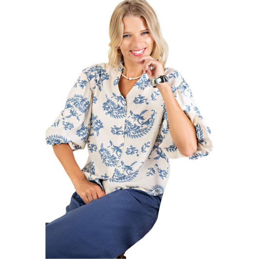 Women's Button Down Blouse With 3/4 Length Balloon Sleeves TG2061
