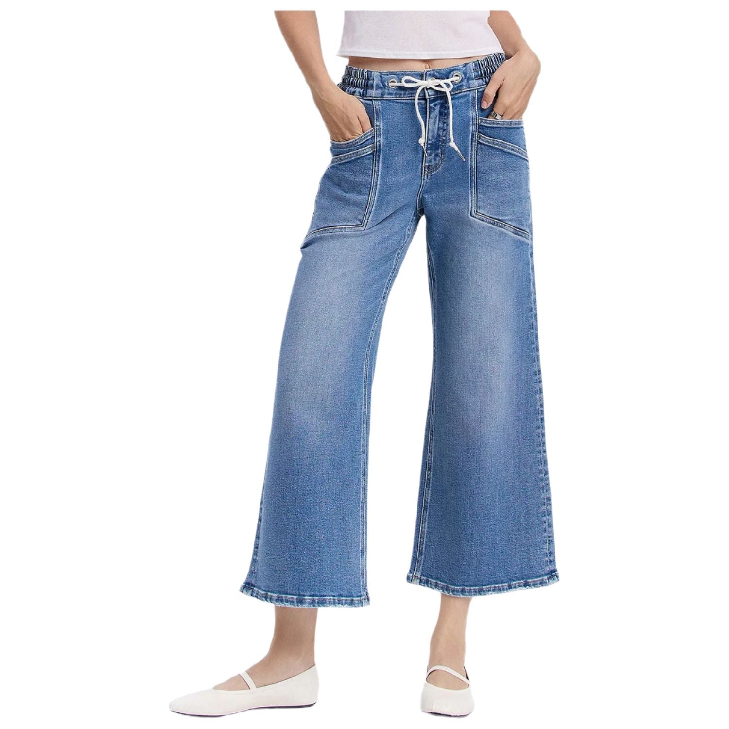 Women's Vervet High Rise Drawstring Waistband Wide Leg Jeans V3650 - Crazy House Western Wear