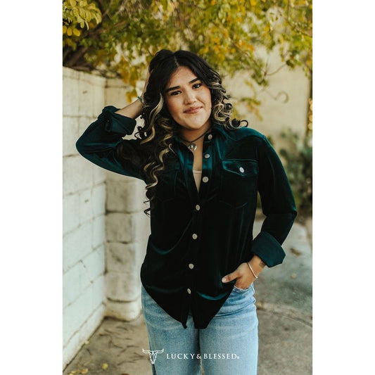 Women's Dark Teal Velvet Button Down Collared Shirt TO586-TL