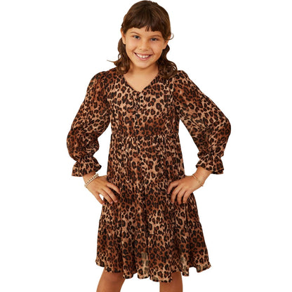 Girl's Leopard Print Cinch Cuff Tiered V Neck Dress GY9036