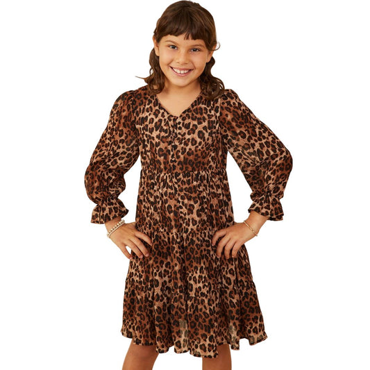 Girl's Leopard Print Cinch Cuff Tiered V Neck Dress GY9036