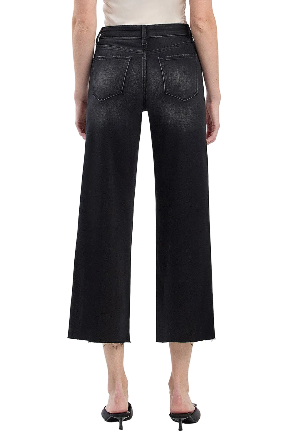 Vervet Women's Black High Rise Clean Cut Raw Hem Crop Slim Wide Jeans 