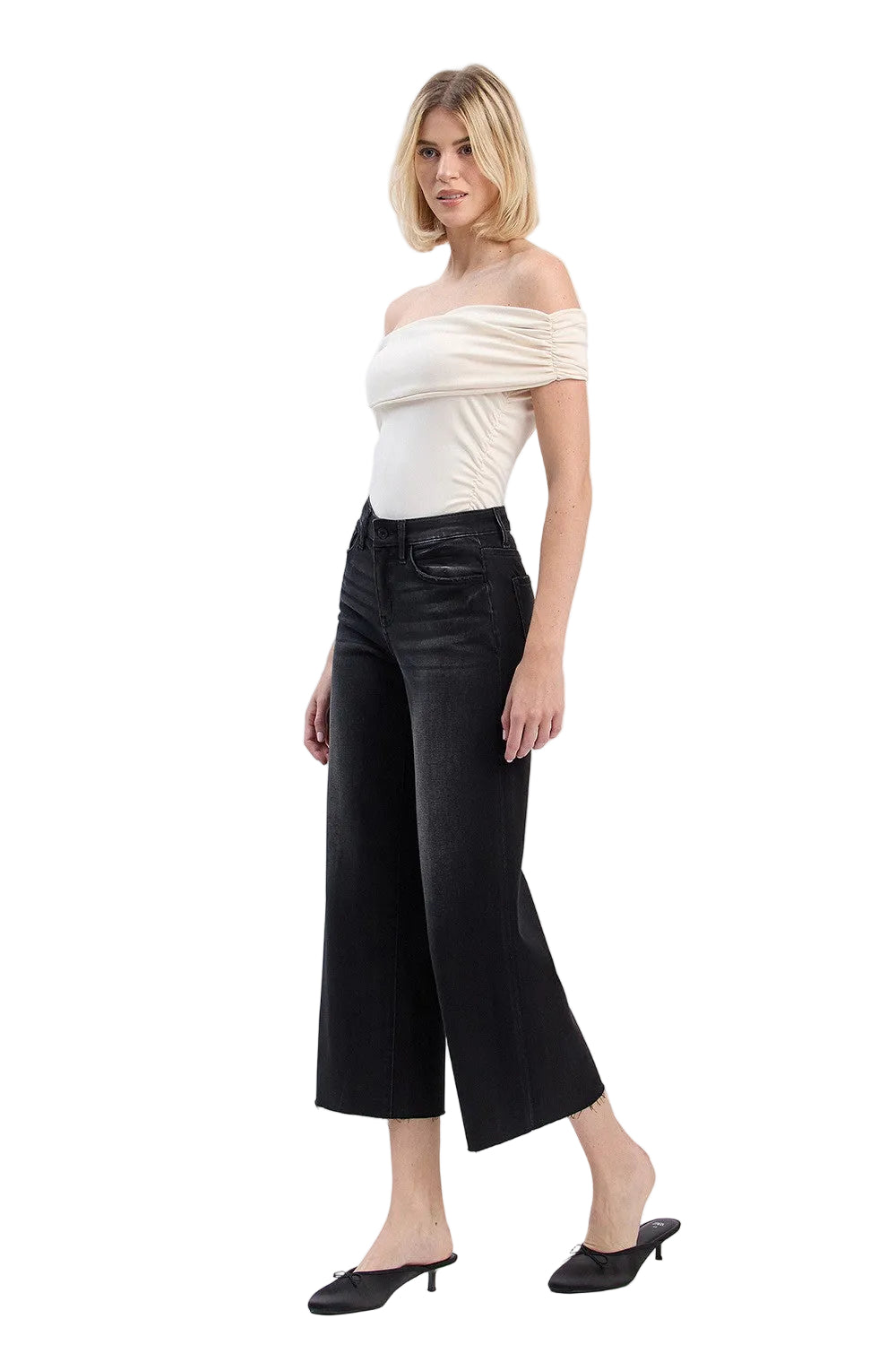 Vervet Women's Black High Rise Clean Cut Raw Hem Crop Slim Wide Jeans 
