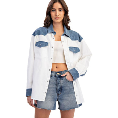 Women's Color Block Denim Button Down Shirt TH12434 - Crazy House Western Wear