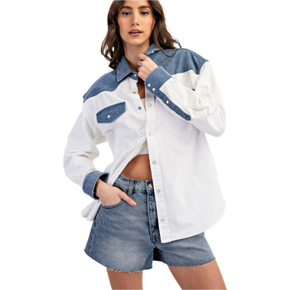 Women's Color Block Denim Button Down Shirt TH12434 - Crazy House Western Wear