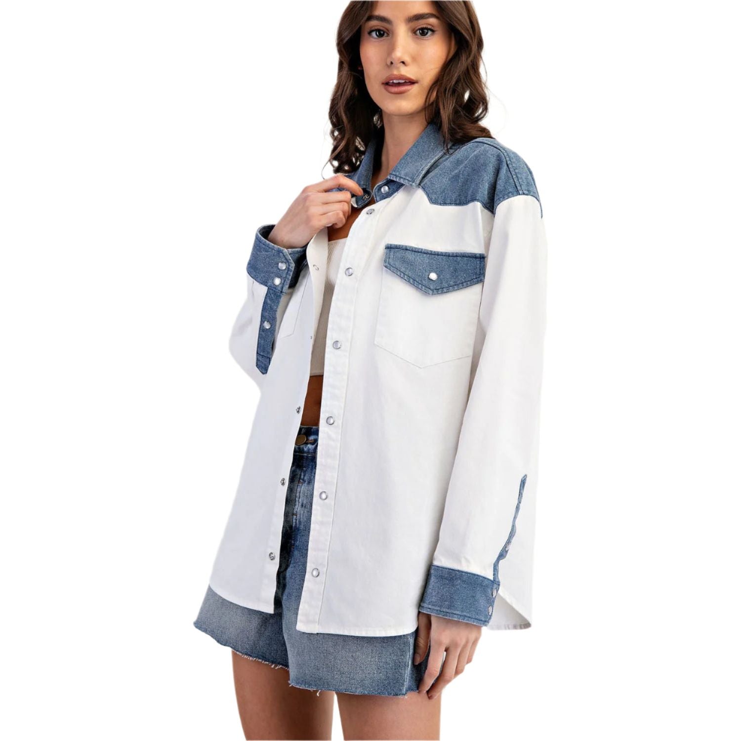 Women's Color Block Denim Button Down Shirt TH12434 - Crazy House Western Wear