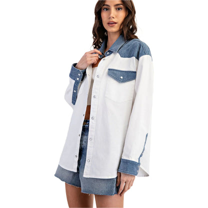 Women's Color Block Denim Button Down Shirt TH12434 - Crazy House Western Wear