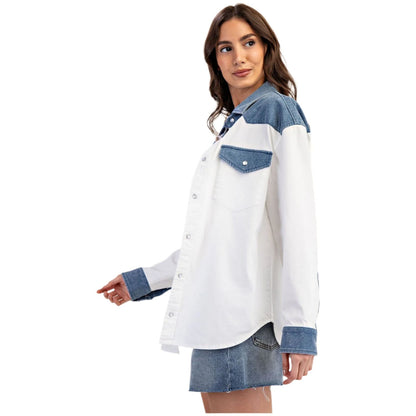Women's Color Block Denim Button Down Shirt TH12434 - Crazy House Western Wear