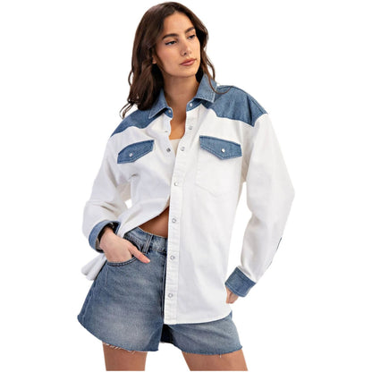 Women's Color Block Denim Button Down Shirt TH12434 - Crazy House Western Wear