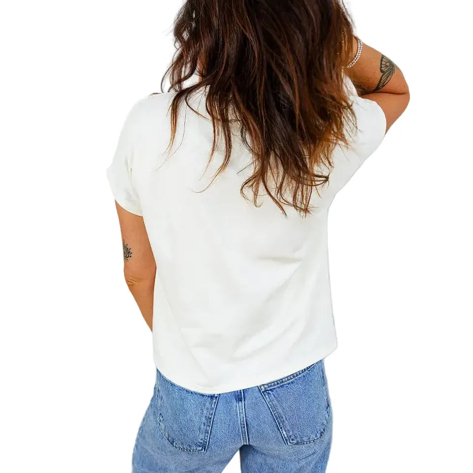 Women's White Leopard Bow Embroidered Cotton Round Neck T-shirt 