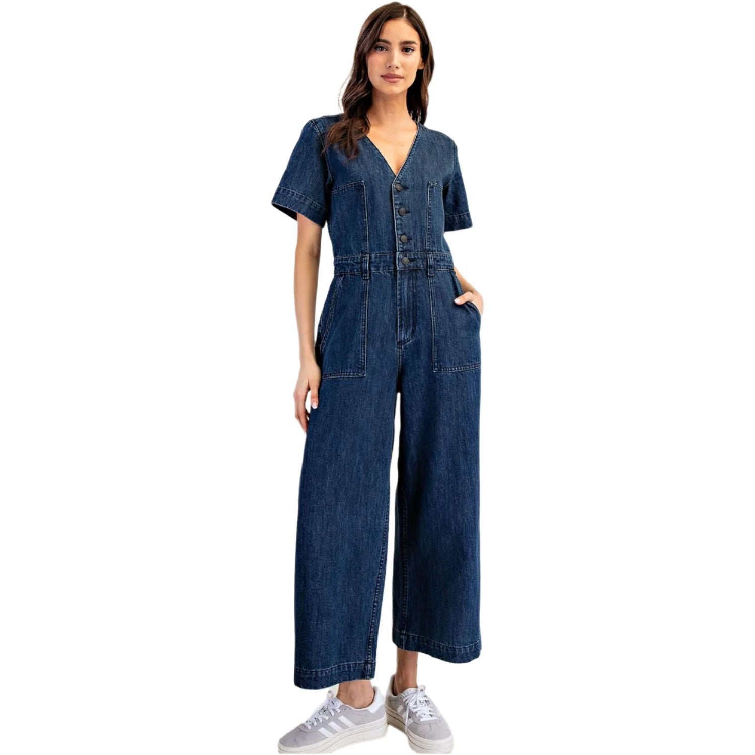 Women's Denim Button Down Short Sleeve Jumpsuit BK14049 - Crazy House Western Wear