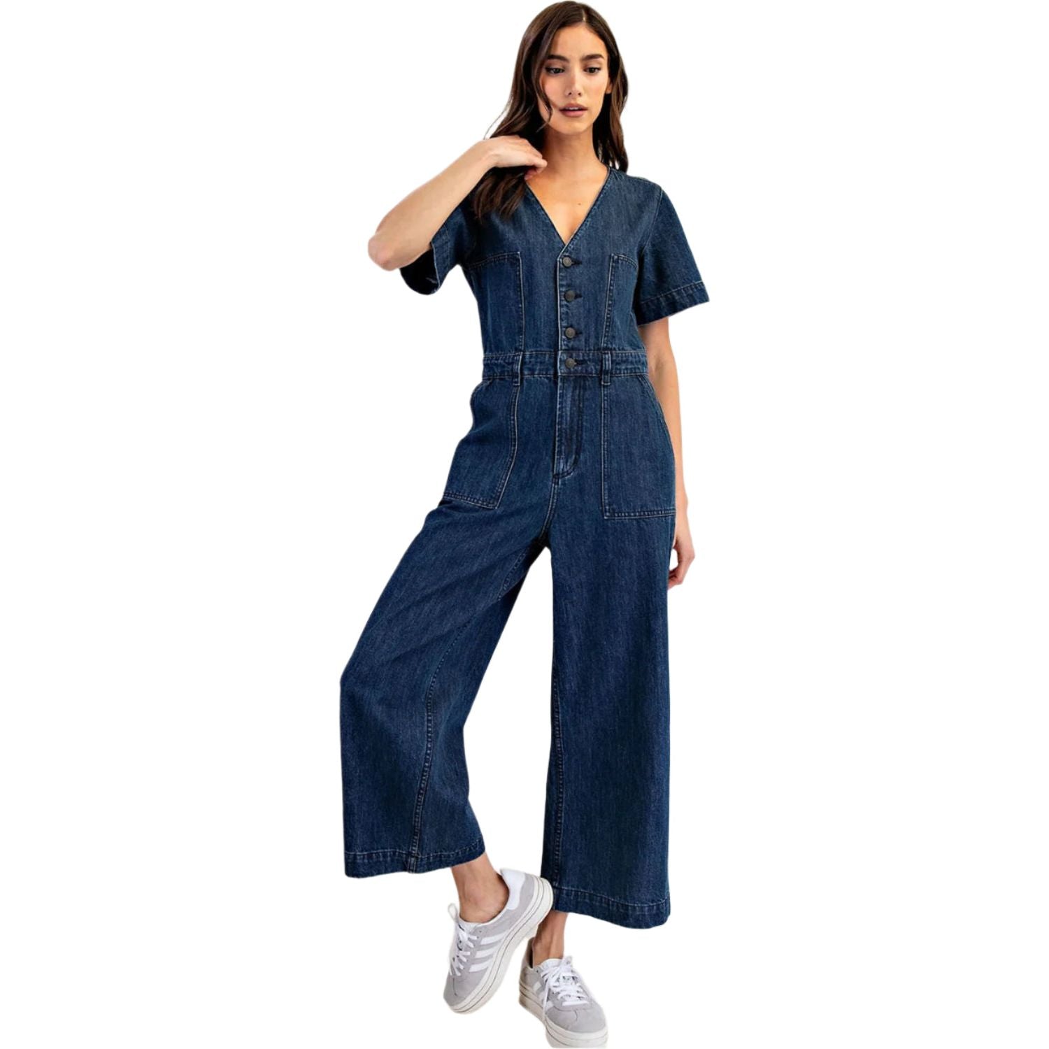 Women's Denim Button Down Short Sleeve Jumpsuit BK14049 - Crazy House Western Wear