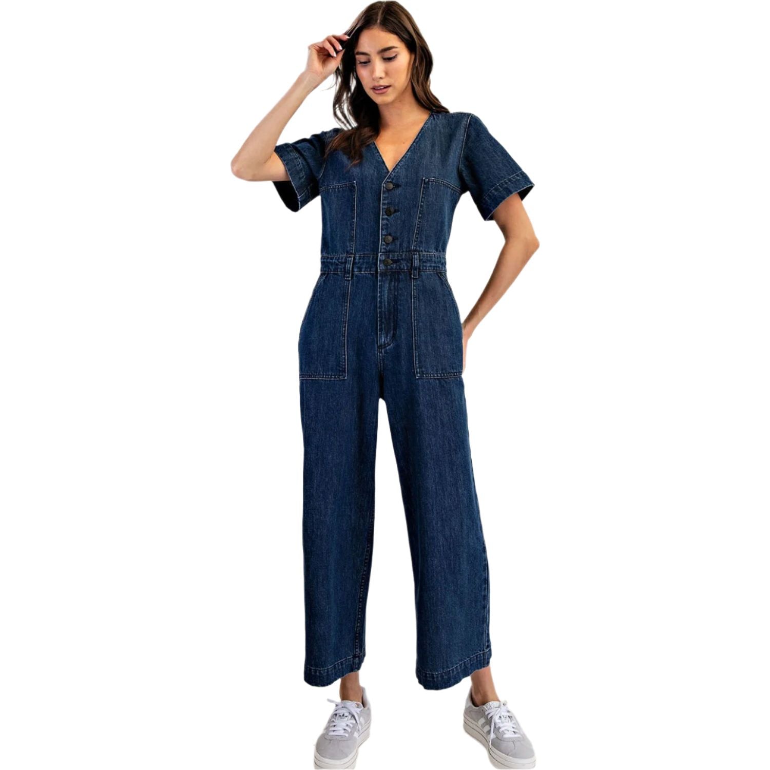 Women's Denim Button Down Short Sleeve Jumpsuit BK14049 - Crazy House Western Wear