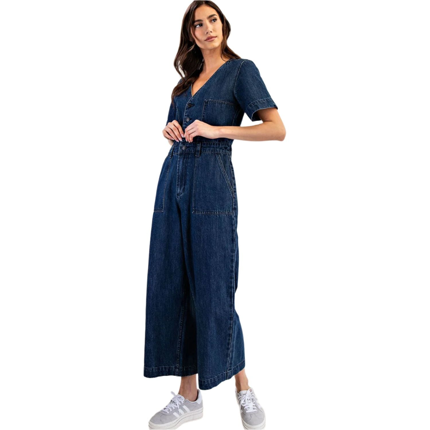 Women's Denim Button Down Short Sleeve Jumpsuit BK14049 - Crazy House Western Wear