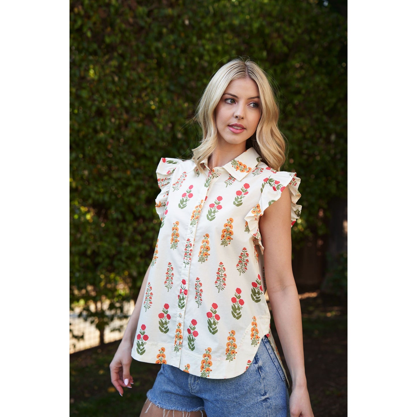 Women's Floral Button Up Top TE1135