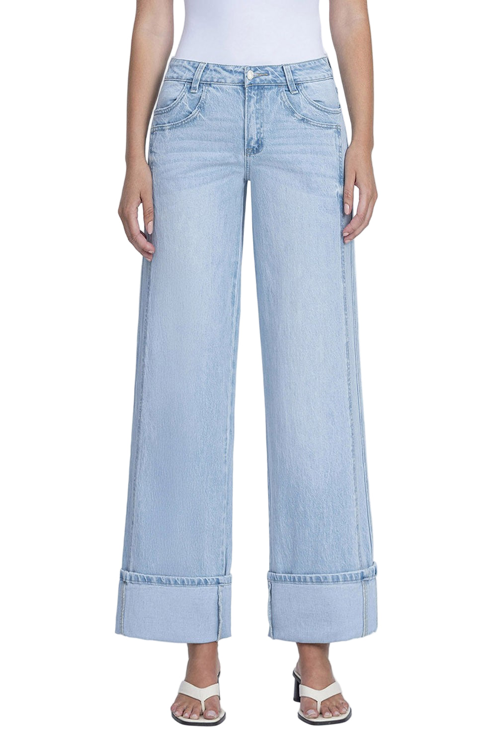 Women's Vervet Super High Rise Light Wash Cuffed Baggy Wide Jeans T6515