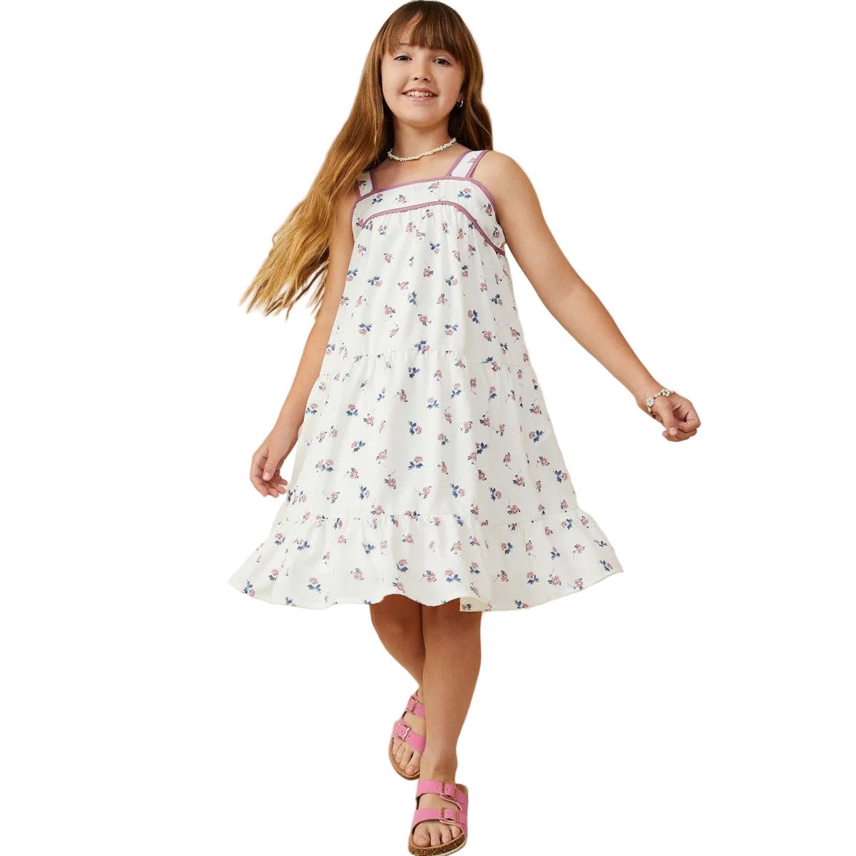 Girls Contrast Piped Ditsy Floral Tank Dress GY9270
