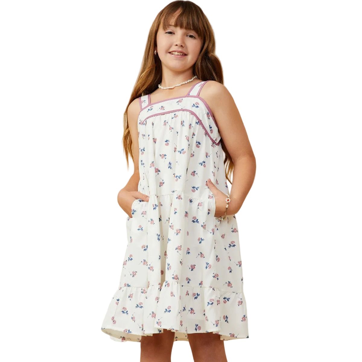 Girls Contrast Piped Ditsy Floral Tank Dress GY9270